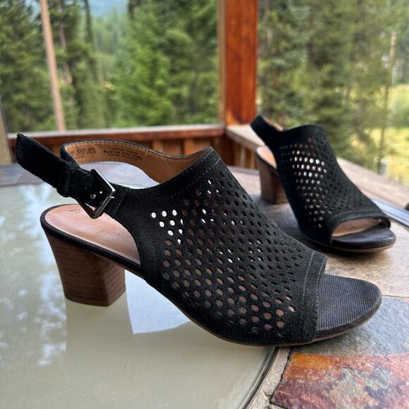 Franco Sarto MANDI2 Open Toe Heeled Mule Sandal 7.5 Black Mesh Slingback Leather - Picture 1 of 11